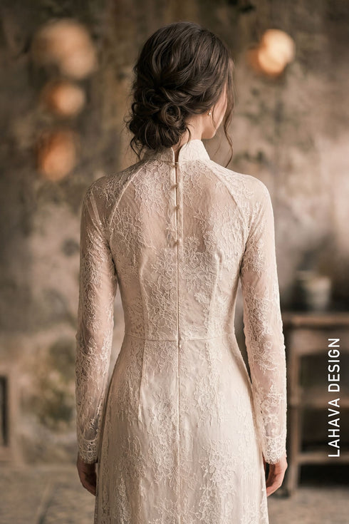 Elegant White Lace Ao Dai with Draped Bodice Detail