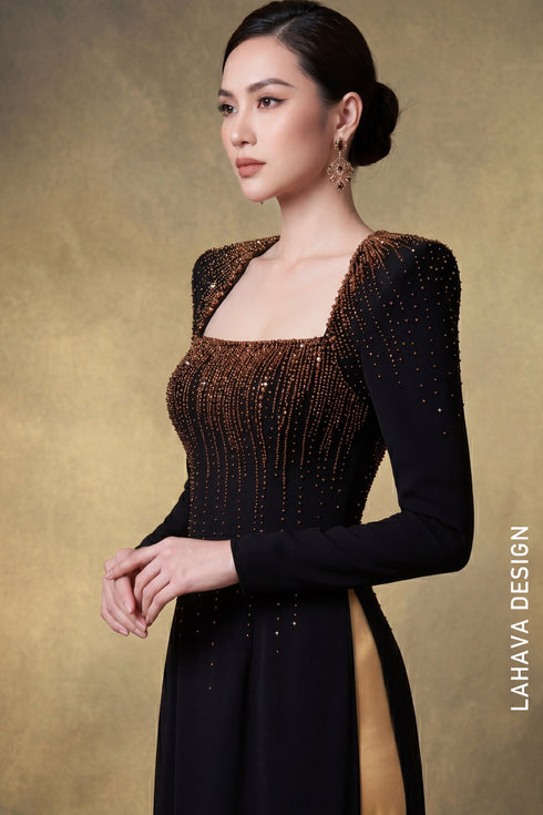 The Royal Black & Gold Embellished Áo Dài – Modern Elegance