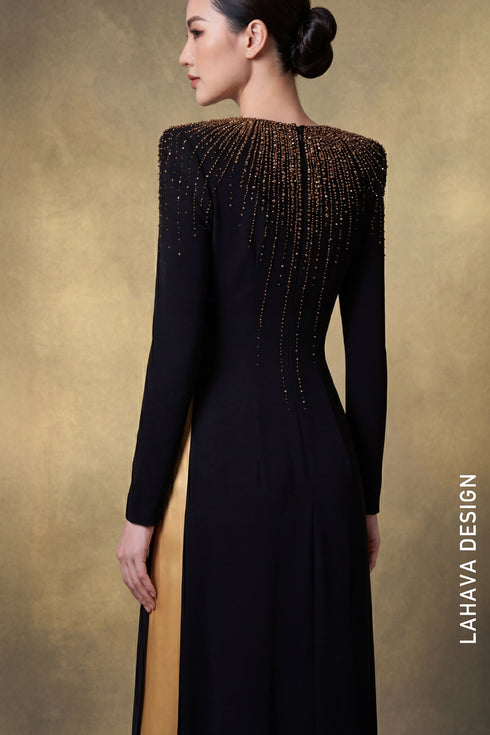 The Royal Black & Gold Embellished Áo Dài – Modern Elegance