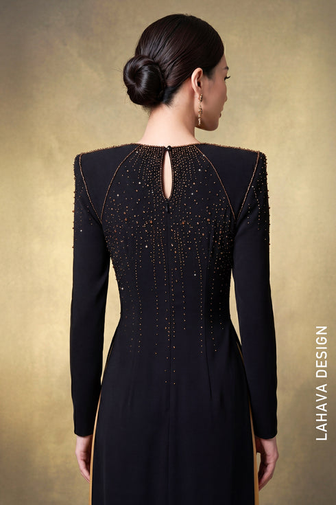 The Royal Black & Gold Embellished Áo Dài – Modern Elegance