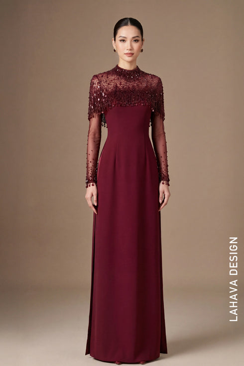 Elegant Burgundy Ao Dai with Hand-Beaded Tassel Capelet