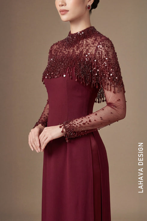 Elegant Burgundy Ao Dai with Hand-Beaded Tassel Capelet