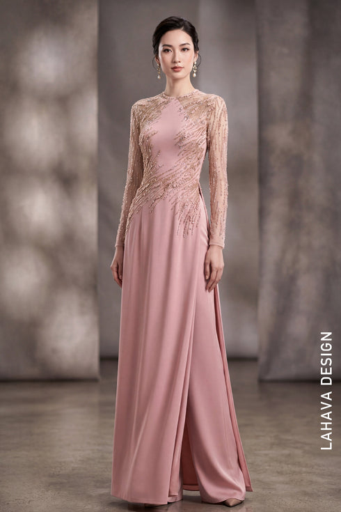 Sophisticated Dusty Rose Hand-Beaded Ao Dai