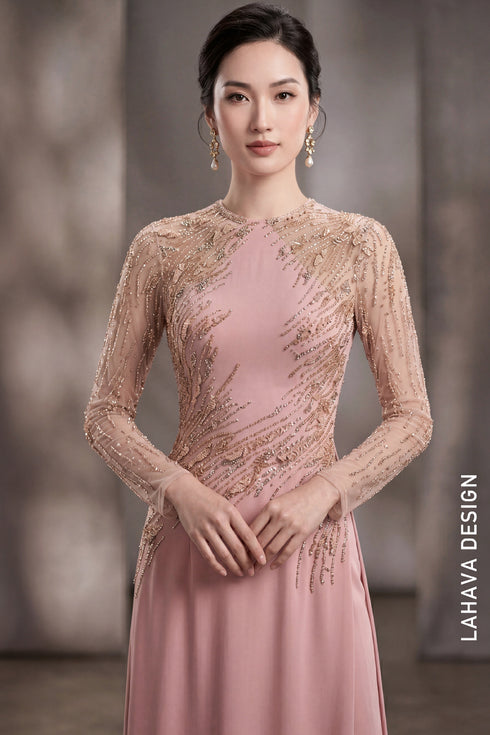 Sophisticated Dusty Rose Hand-Beaded Ao Dai