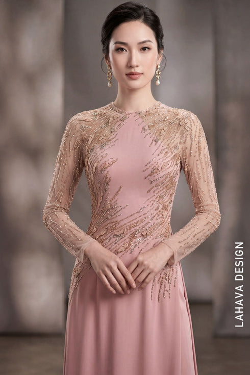Sophisticated Dusty Rose Hand-Beaded Ao Dai