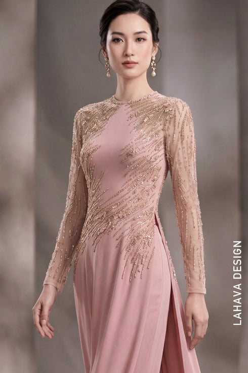 Sophisticated Dusty Rose Hand-Beaded Ao Dai