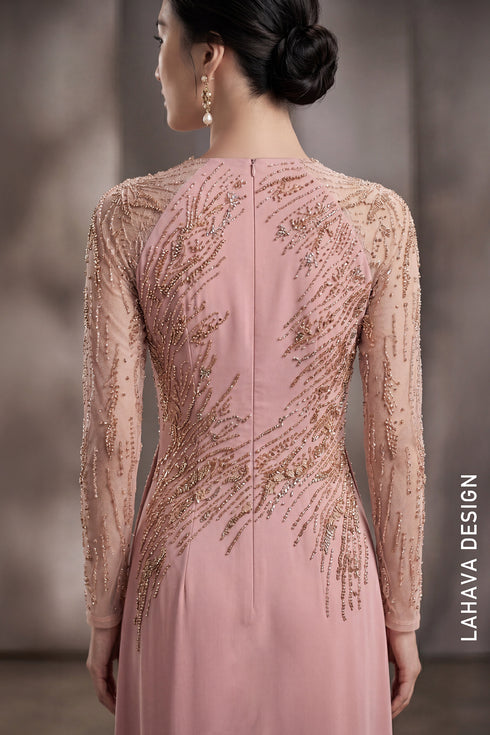 Sophisticated Dusty Rose Hand-Beaded Ao Dai