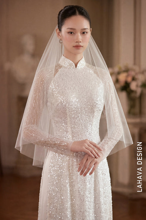 Radiant Shimmer: Hand-Beaded Bridal Ao Dai