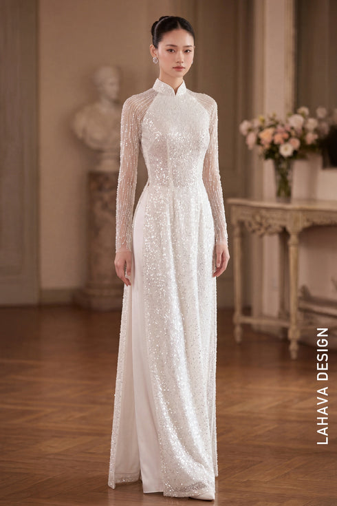 Radiant Shimmer: Hand-Beaded Bridal Ao Dai