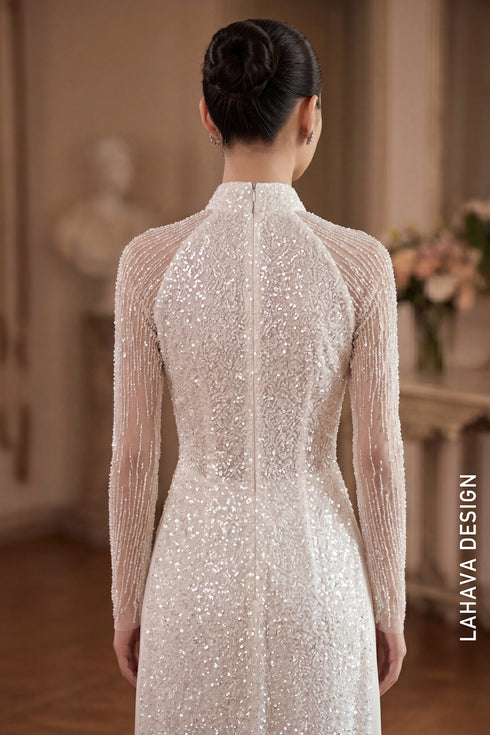 Radiant Shimmer: Hand-Beaded Bridal Ao Dai