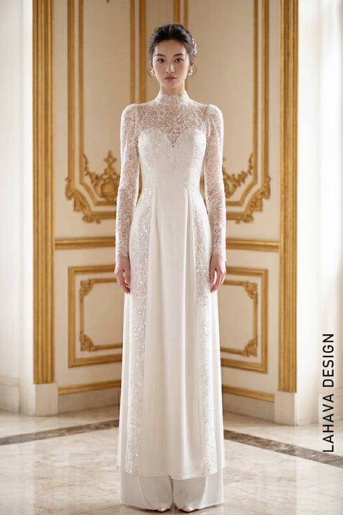 Elegant White Lace Wedding Áo Dài – Modern Sophistication