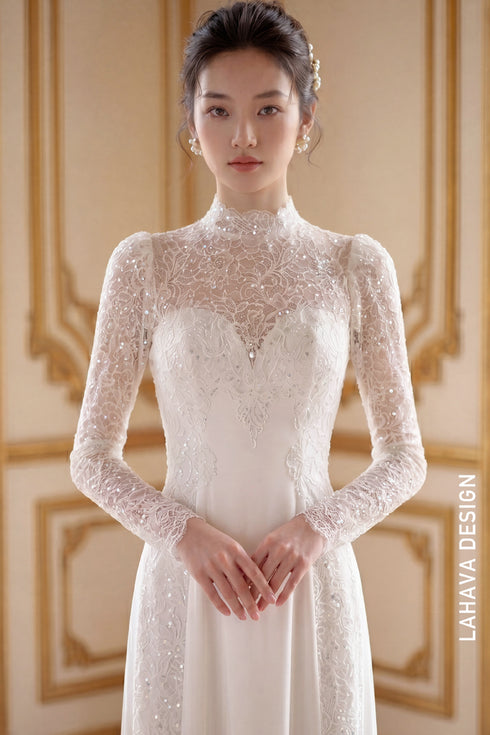Elegant White Lace Wedding Áo Dài – Modern Sophistication