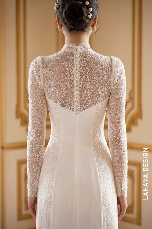Elegant White Lace Wedding Áo Dài – Modern Sophistication