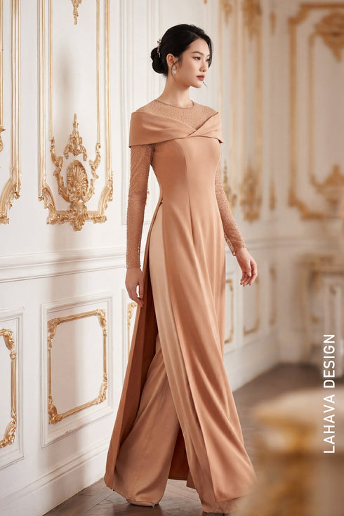 Sophisticated Nude Beige Beaded Modern Ao Dai