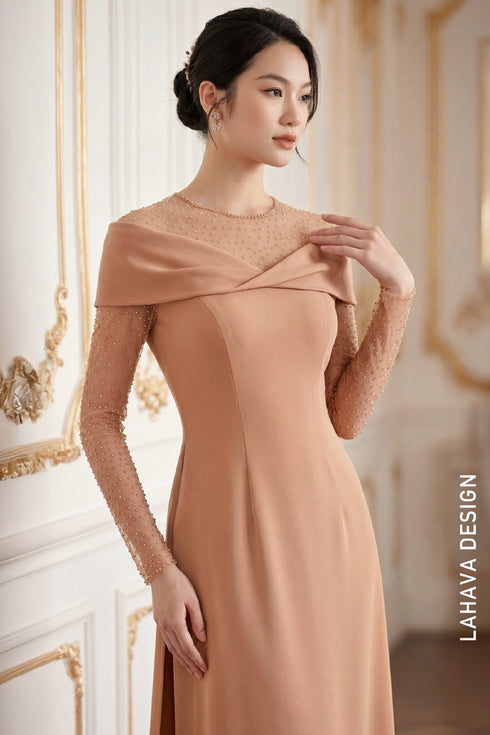 Sophisticated Nude Beige Beaded Modern Ao Dai