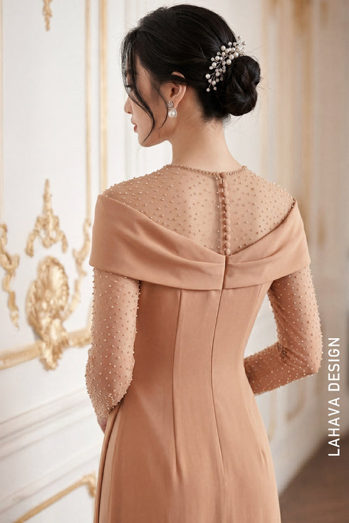 Sophisticated Nude Beige Beaded Modern Ao Dai