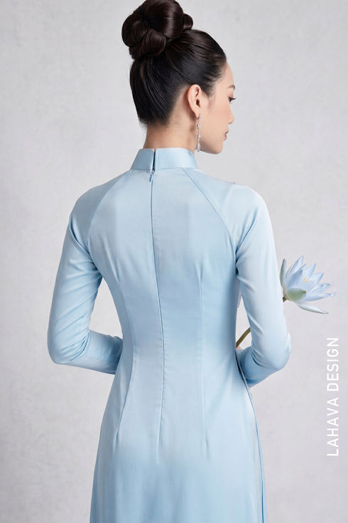 Exquisite Pastel Blue Hand-Beaded Modern Áo Dài