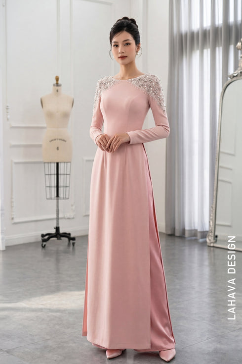 Exquisite Pink Embellished Áo Dài