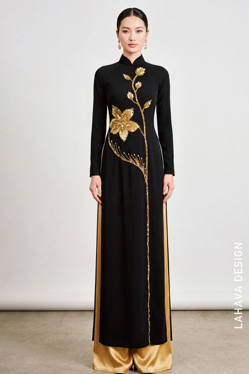 Luxurious Black Áo Dài with Intricate Golden Beadwork