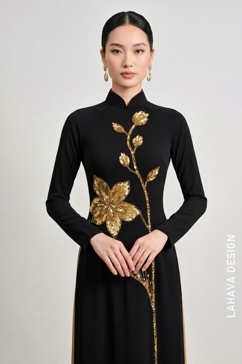 Luxurious Black Áo Dài with Intricate Golden Beadwork
