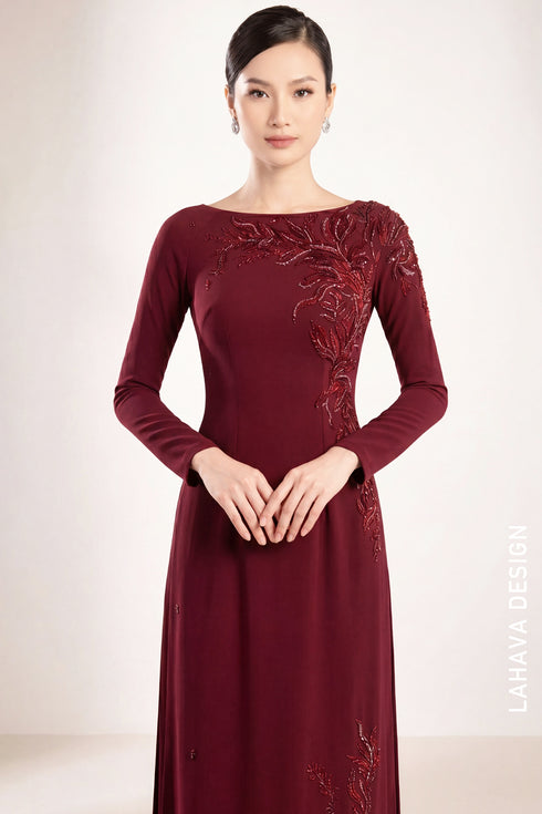 Elegant Maroon Beaded Ao Dai
