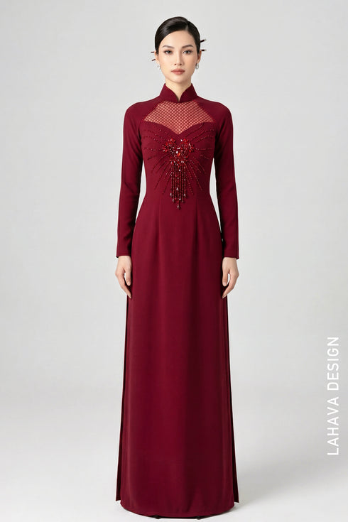 Elegant Deep Red Ao Dai with Hand-Beaded Details