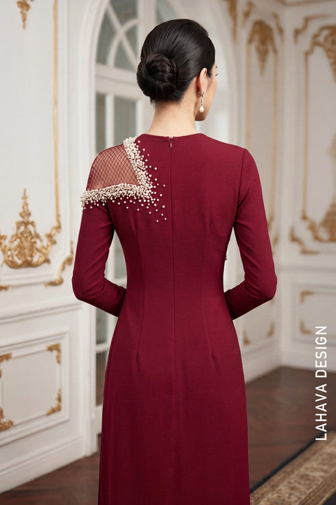 Modern Maroon Ao Dai with Asymmetrical Pearl-Cascading Mesh