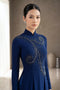 Premium Navy Blue Ao Dai with Hand-Beaded Feather Motif
