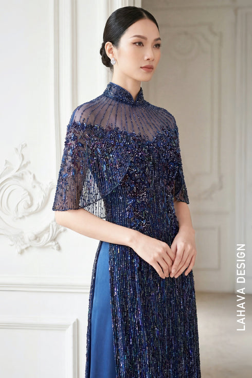 Exquisite Hand-Beaded Deep Blue Áo Dài with Sparkling Cape Detail