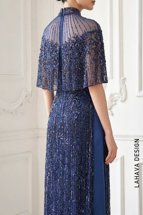 Exquisite Hand-Beaded Deep Blue Áo Dài with Sparkling Cape Detail