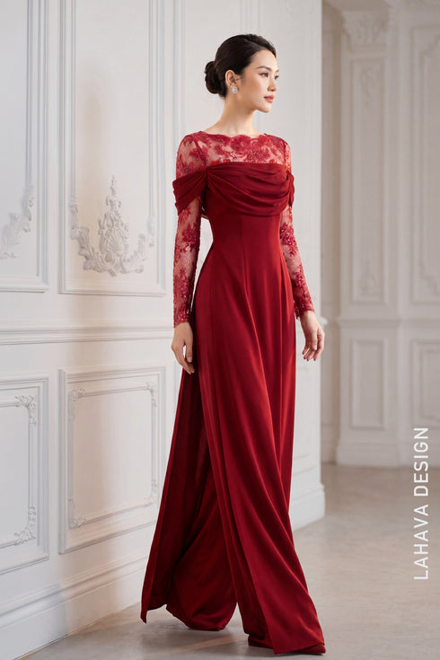 Deep Red Ao Dai with Illusion Lace Bodice and Flowing Silk Scarf Detail