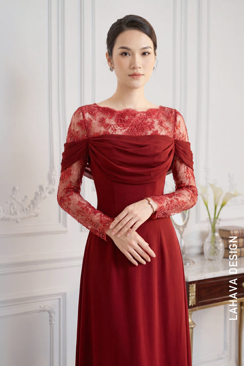 Deep Red Ao Dai with Illusion Lace Bodice and Flowing Silk Scarf Detail