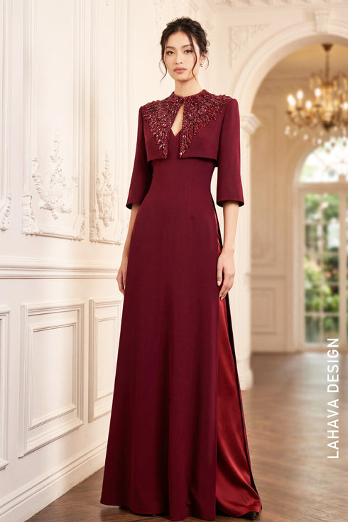 Elegant Burgundy Ao Dai with Detachable Cropped Cape