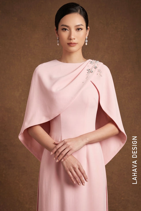 Elegant Pastel Pink Modern Ao Dai with Cape