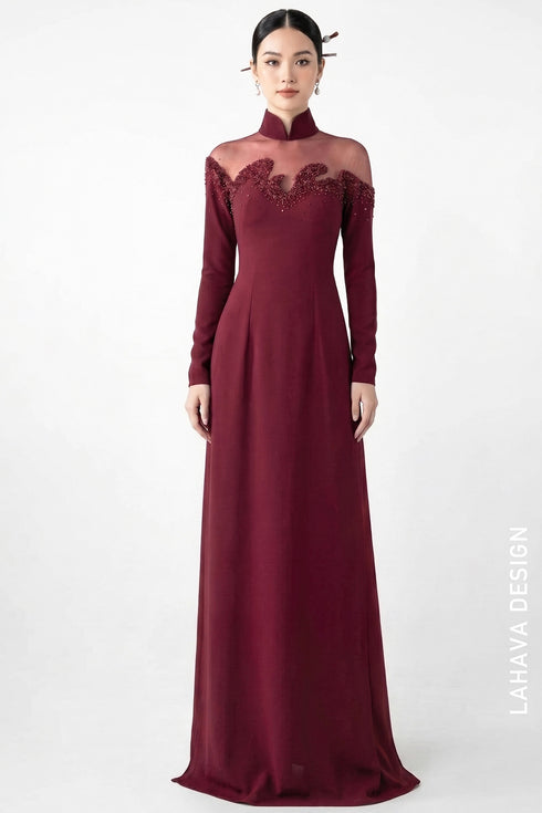 Elegant Burgundy Ao Dai with Exquisite Hand-Beaded Illusion Neckline