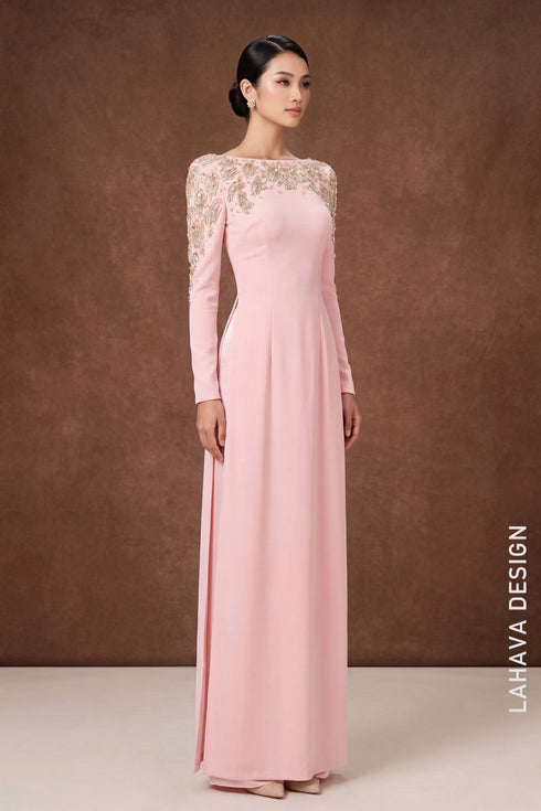 Pink Ao Dai with Regal Gold Embellishments & Keyhole Back