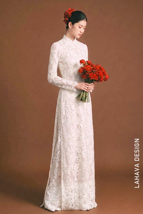 Premium White Floral Lace Ao Dai for Brides