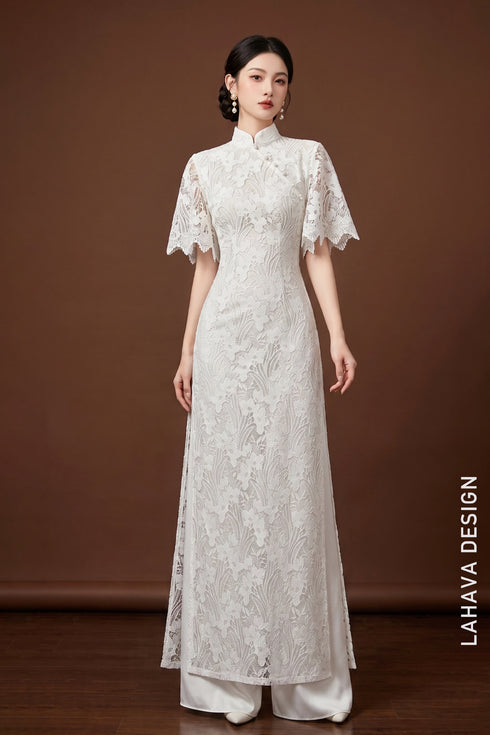 Elegant White Lace Modern Ao Dai with Flared Sleeves and Pearl Accents