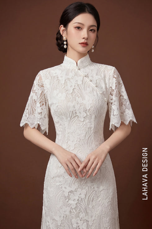 Elegant White Lace Modern Ao Dai with Flared Sleeves and Pearl Accents