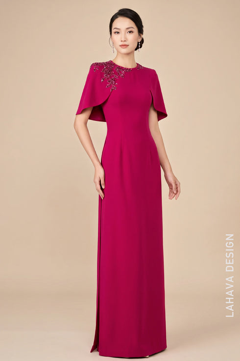 Elegant Magenta Ao Dai with Hand-Beaded Cape Overlay