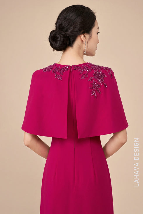 Elegant Magenta Ao Dai with Hand-Beaded Cape Overlay