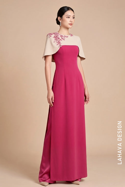 Modern Fuchsia Pink Ao Dai with Beaded Cape Overlay