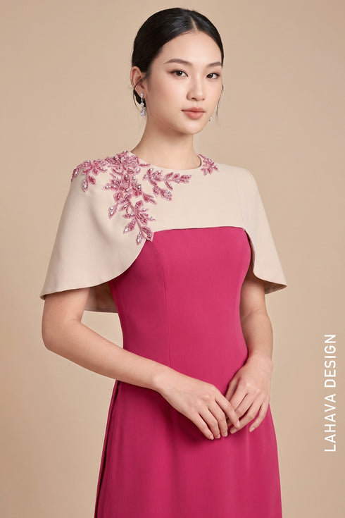 Modern Fuchsia Pink Ao Dai with Beaded Cape Overlay