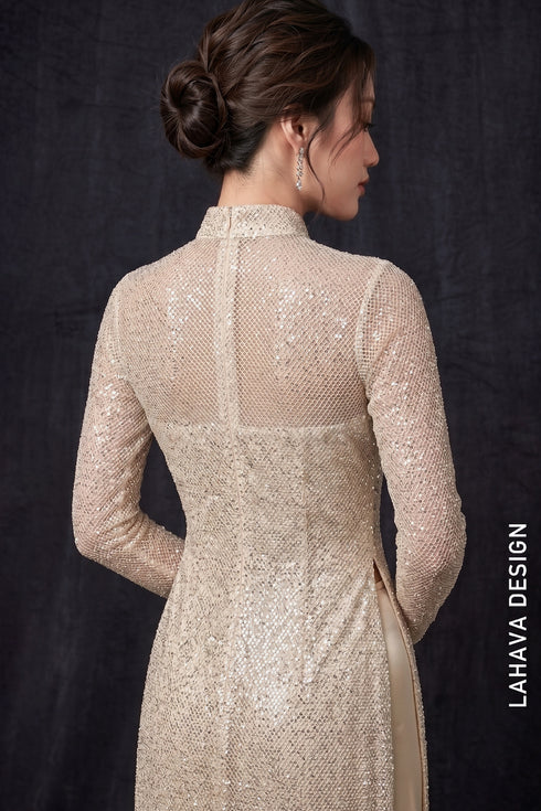 Elegant Champagne Sequin Tulle Ao Dai with Crystal Embellishments