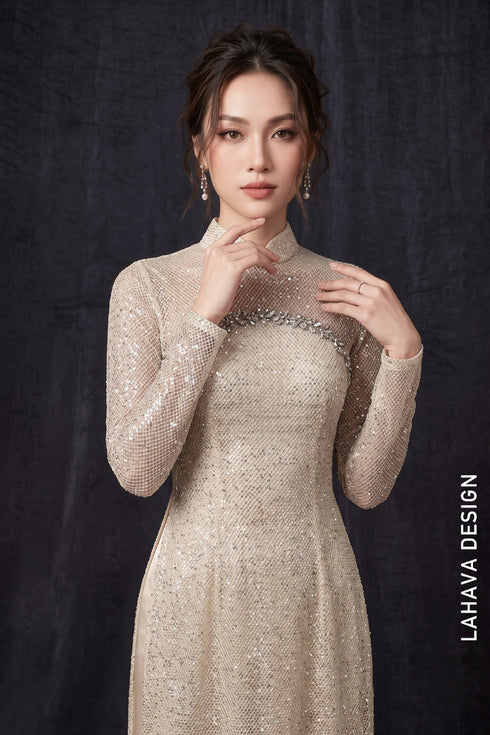 Elegant Champagne Sequin Tulle Ao Dai with Crystal Embellishments