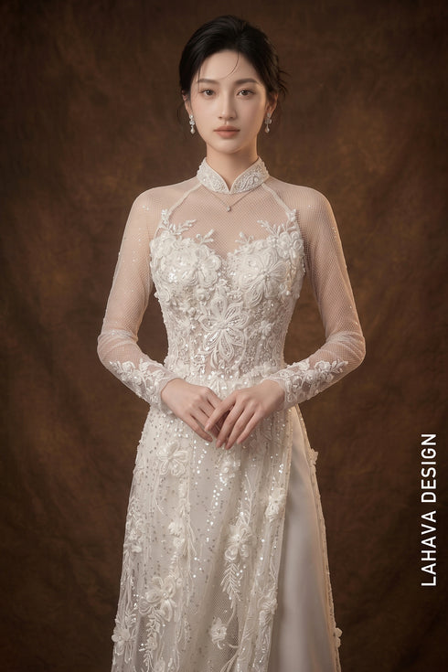 Luxury White Illusion Lace Bridal Ao Dai with 3D Floral