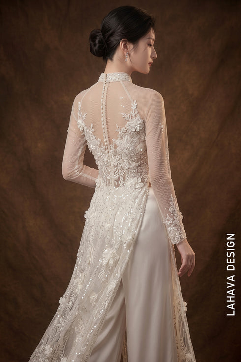 Luxury White Illusion Lace Bridal Ao Dai with 3D Floral