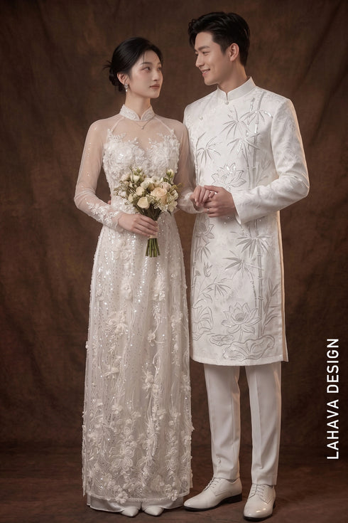 Luxury White Illusion Lace Bridal Ao Dai with 3D Floral