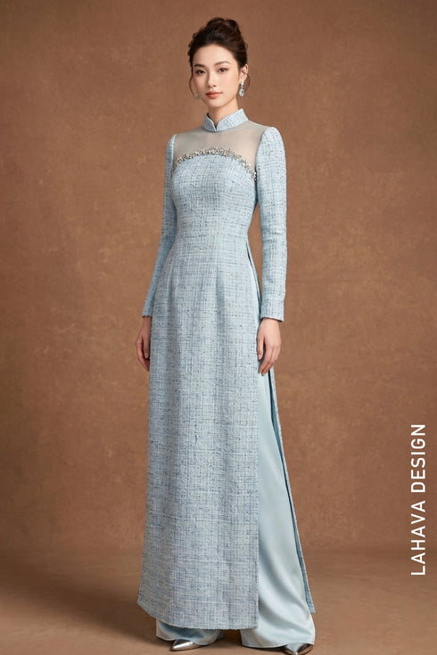 Modern Tweed Ao Dai with Sheer Mesh Illusion Neckline