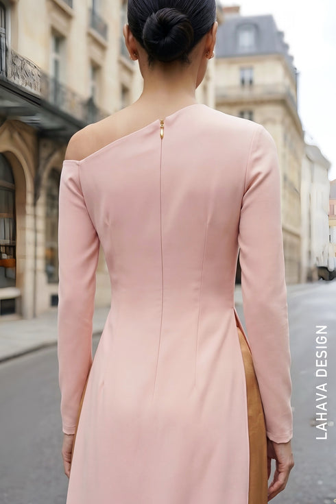 Modern Off-The-Shoulder Ao Dai with 3D Gold Floral Embellishments